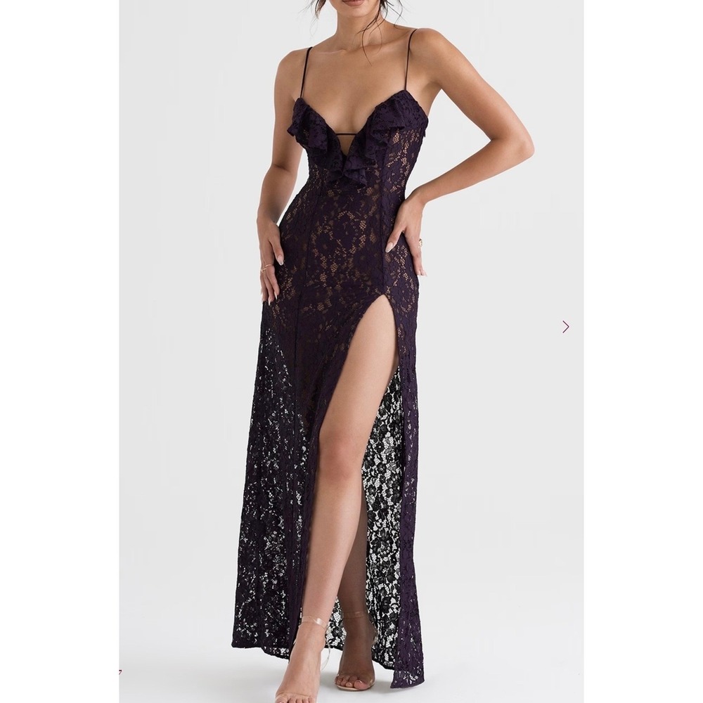House of CB London MALIANight Shade Lace Maxi Dress Plum Ruffle Slit‎ Formal XS